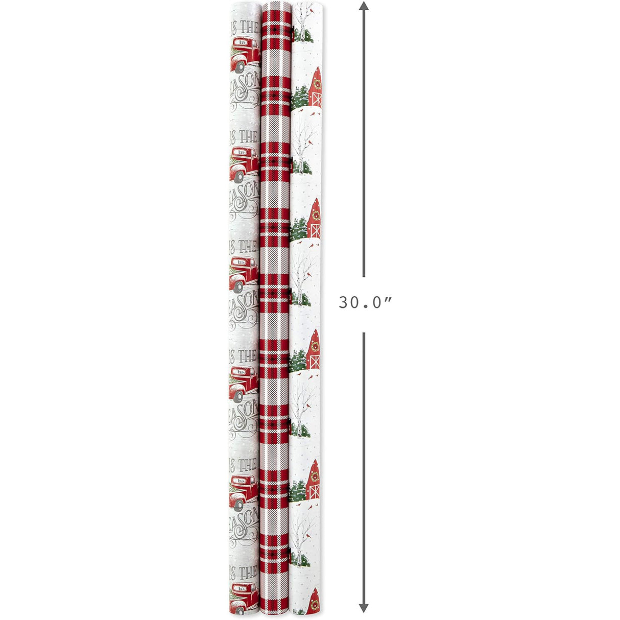 Hallmark Holiday Reversible Wrapping Paper Bundle, Rustic Christmas (Pack of 3, 120 sq. ft. ttl) Plaid, Barn, Red Truck, Moose, Woodland Scenes