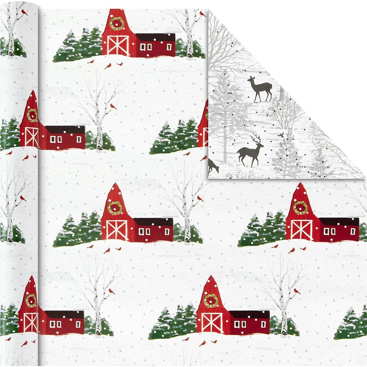 Hallmark Holiday Reversible Wrapping Paper Bundle, Rustic Christmas (Pack of 3, 120 sq. ft. ttl) Plaid, Barn, Red Truck, Moose, Woodland Scenes
