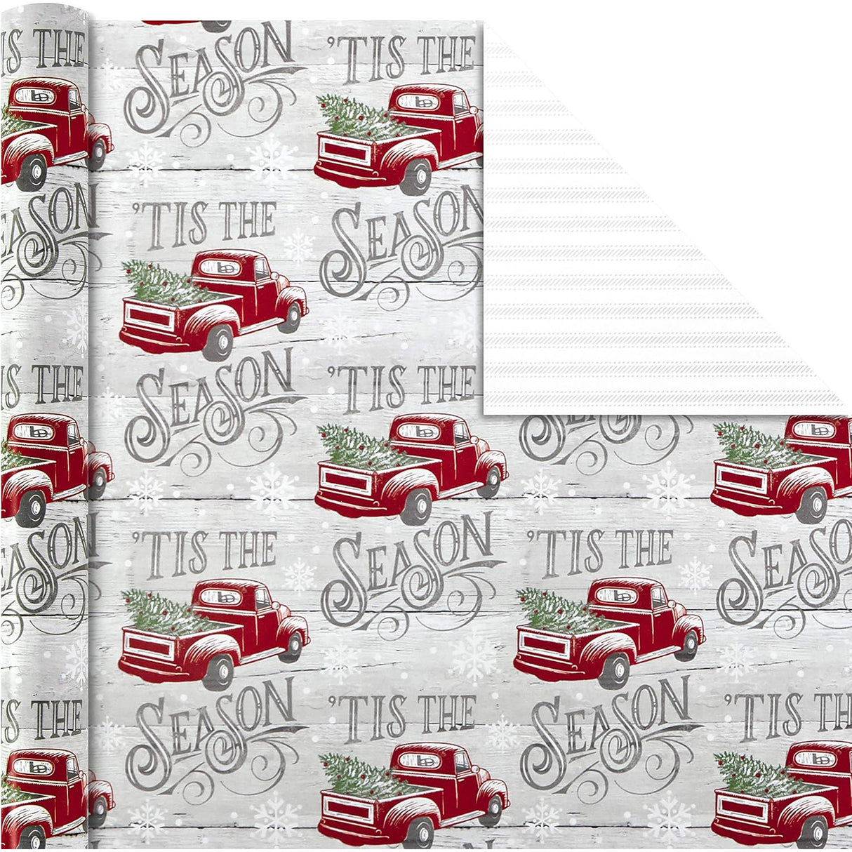 Hallmark Holiday Reversible Wrapping Paper Bundle, Rustic Christmas (Pack of 3, 120 sq. ft. ttl) Plaid, Barn, Red Truck, Moose, Woodland Scenes