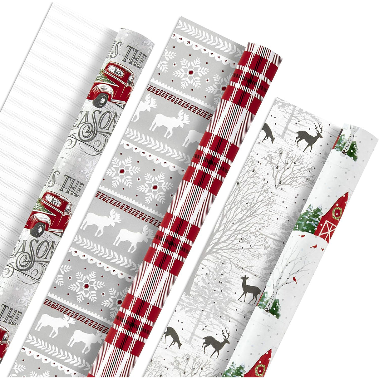 Hallmark Holiday Reversible Wrapping Paper Bundle, Rustic Christmas (Pack of 3, 120 sq. ft. ttl) Plaid, Barn, Red Truck, Moose, Woodland Scenes