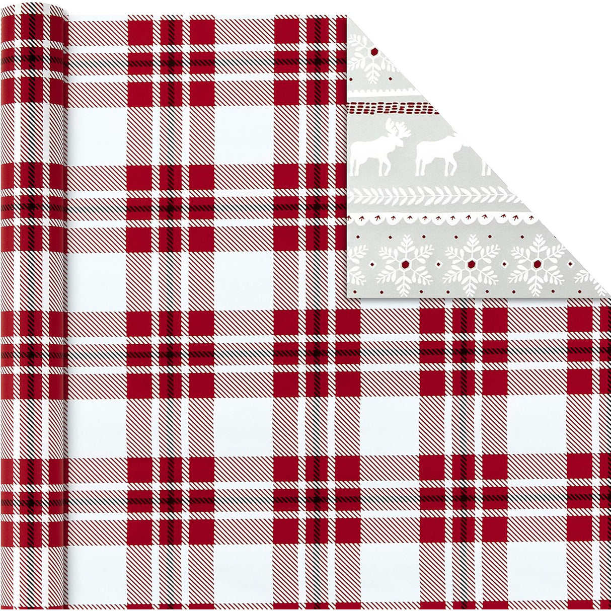 Hallmark Holiday Reversible Wrapping Paper Bundle, Rustic Christmas (Pack of 3, 120 sq. ft. ttl) Plaid, Barn, Red Truck, Moose, Woodland Scenes
