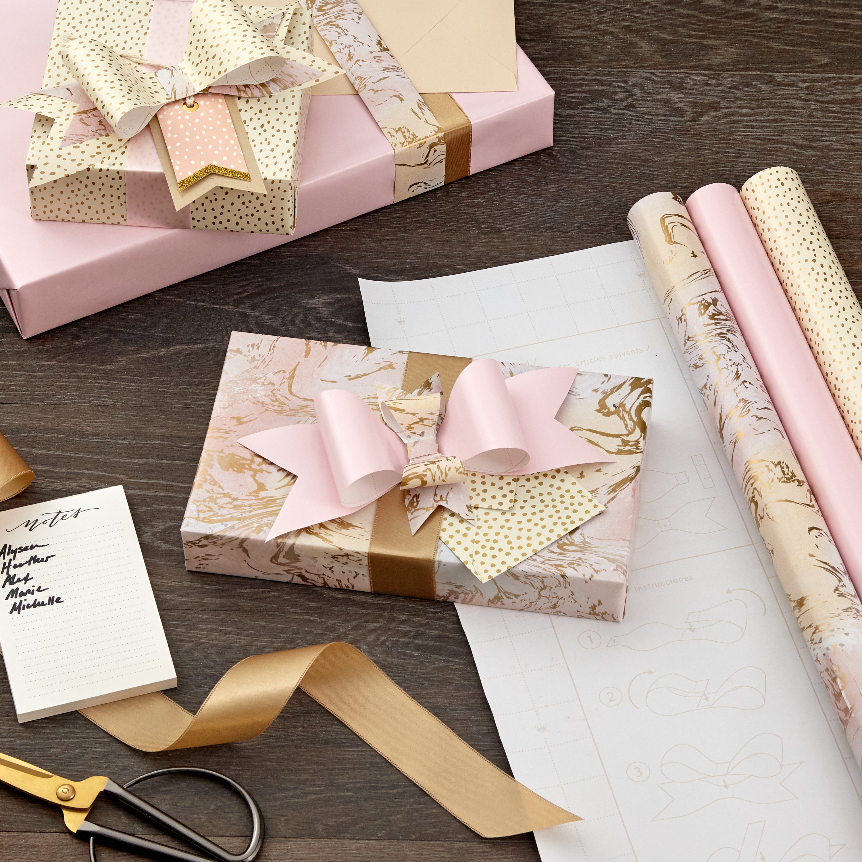 Hallmark Pink and Gold Wrapping Paper with DIY Bow Templates on Reverse (3-Pack: 75 sq. ft. ttl) for Birthdays, Weddings, Bridal Showers, Crafts