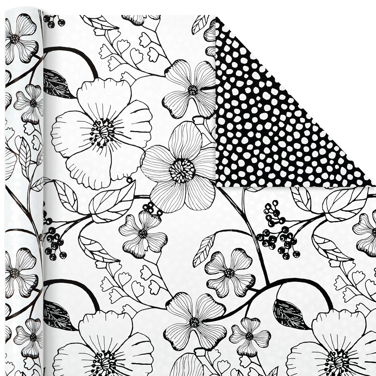 Hallmark All Occasion Reversible Wrapping Paper Bundle - Black and White Flowers and Dots (3-Pack: 75 sq. ft. ttl.) for Birthdays, Weddings, Graduations, Valentine's Day, Anniversaries and More