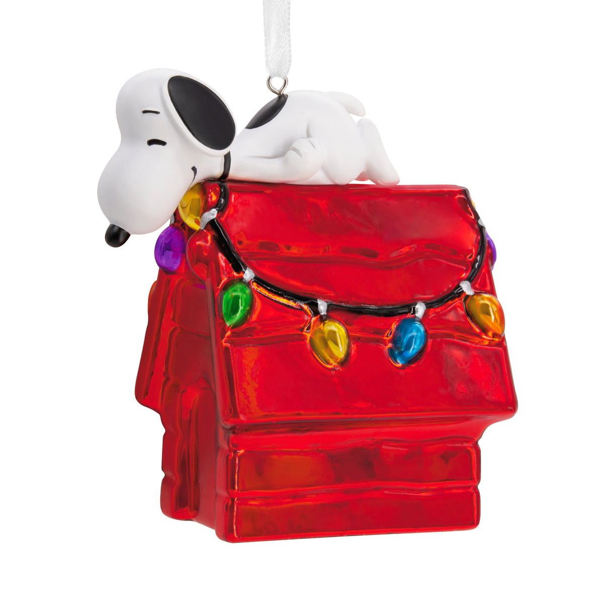 Peanuts Snoopy on Holiday Doghouse Christmas Ornament, Blown Glass