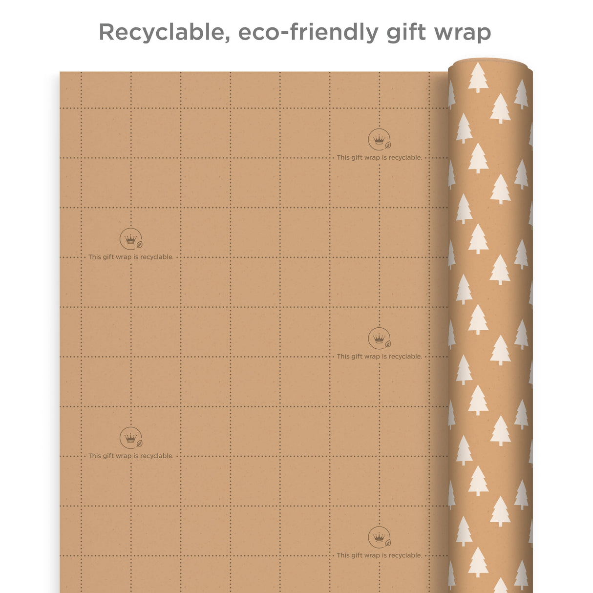Recyclable Kraft Wrapping Paper with Cut Lines (3 Rolls: 90 Sq. Ft. Ttl.) Minimalist Christmas, White Trees, Deer Antlers, Snowflakes on Brown Kraft for Holidays, Weddings, Winter Solstice