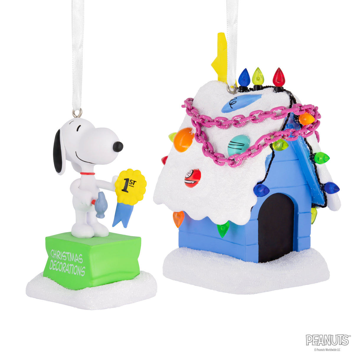 Peanuts Snoopy and Holiday Doghouse Christmas Ornaments, Set of 2