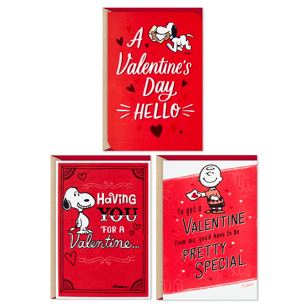 Hallmark Pack of 3 Peanuts Valentines Day Cards (Snoopy and Charlie Br