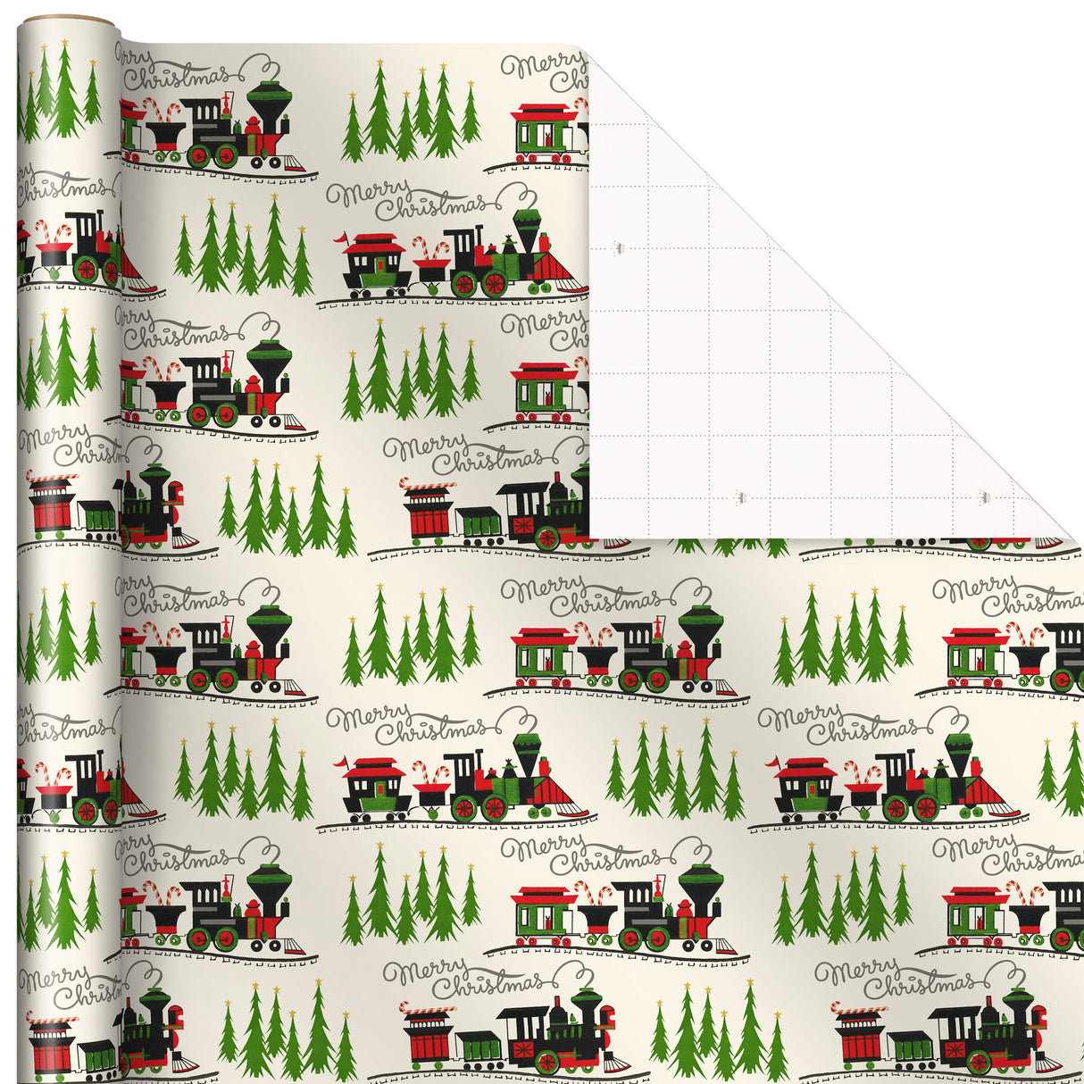 Black Christmas Wrapping Paper with Cut Lines on Reverse (3 Rolls: 120 sq. ft. ttl) Retro Santa, Black and White Buffalo Plaid, Train and Trees