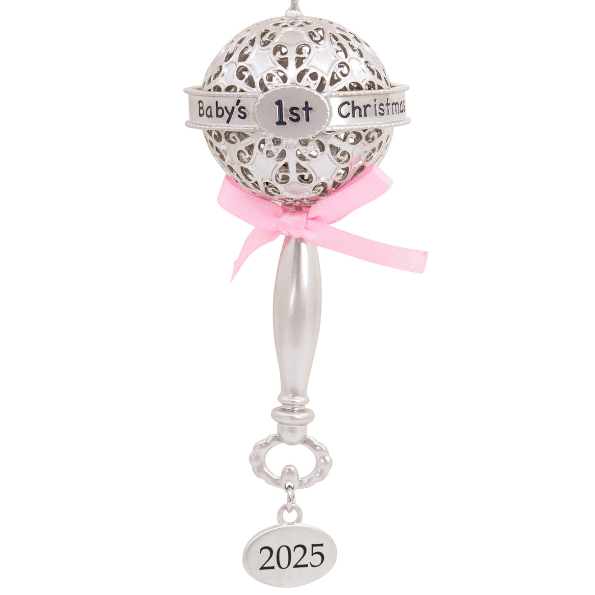 Hallmark Christmas Ornament (Baby's First Christmas Silver Rattle With Pink Ribbon 2025, Metal)