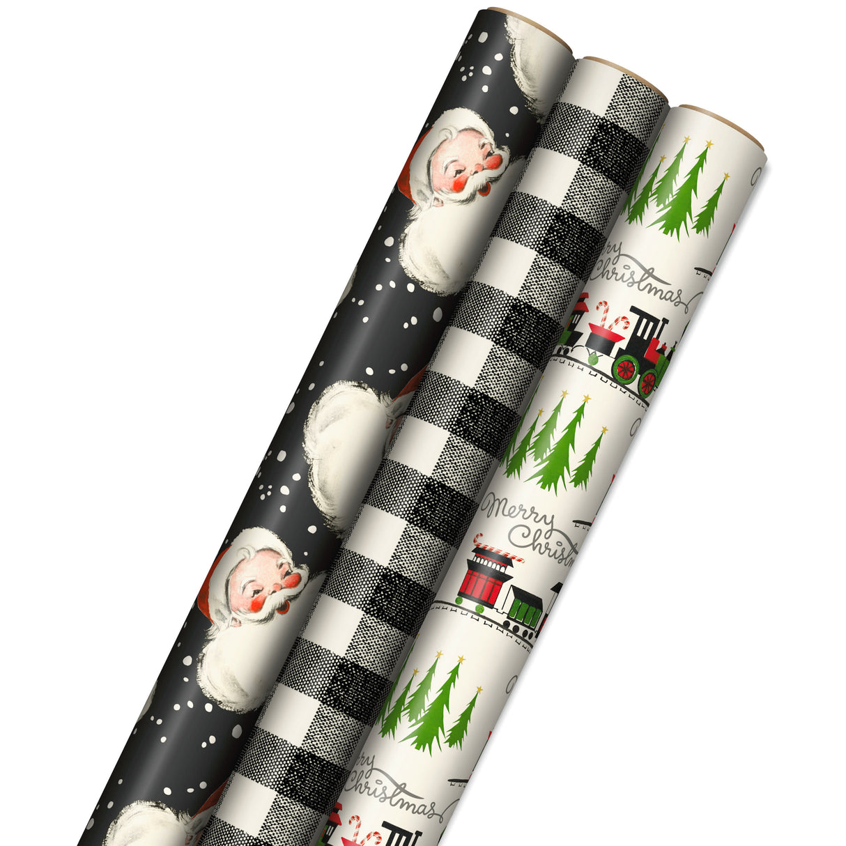 Black Christmas Wrapping Paper with Cut Lines on Reverse (3 Rolls: 120 sq. ft. ttl) Retro Santa, Black and White Buffalo Plaid, Train and Trees