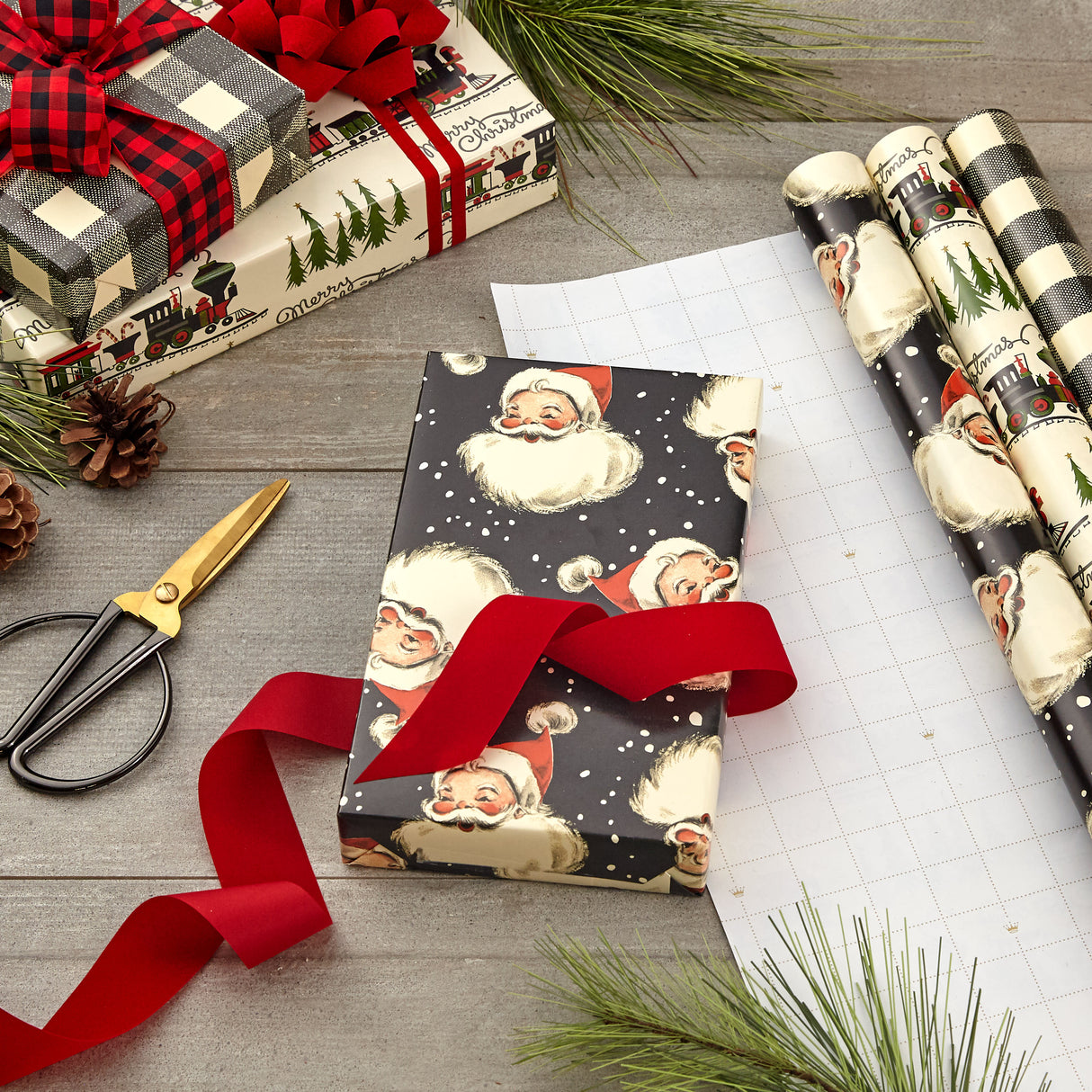 Black Christmas Wrapping Paper with Cut Lines on Reverse (3 Rolls: 120 sq. ft. ttl) Retro Santa, Black and White Buffalo Plaid, Train and Trees