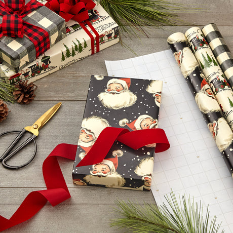 Black Christmas Wrapping Paper with Cut Lines on Reverse (3 Rolls: 120 sq. ft. ttl) Retro Santa, Black and White Buffalo Plaid, Train and Trees