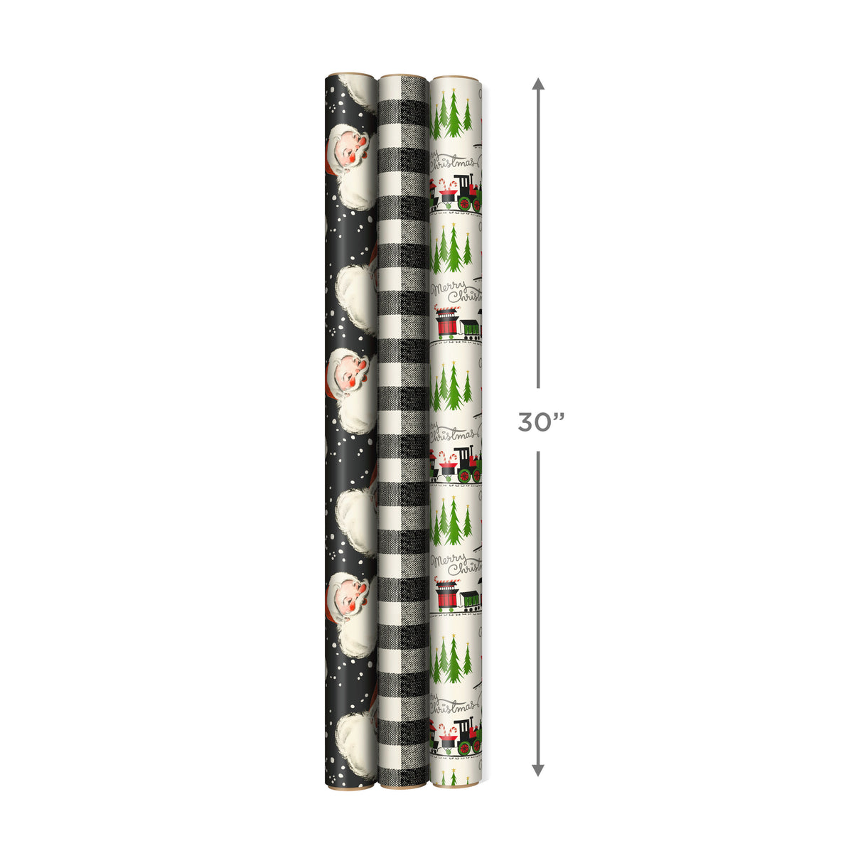 Black Christmas Wrapping Paper with Cut Lines on Reverse (3 Rolls: 120 sq. ft. ttl) Retro Santa, Black and White Buffalo Plaid, Train and Trees