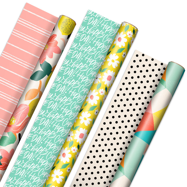 Hallmark Reversible Wrapping Paper (3 Rolls: 75 Sq. Ft. Ttl) Floral, Lemons, Bright Abstract for Birthdays, Easter, Mother's Day, Bridal Showers, Baby Showers