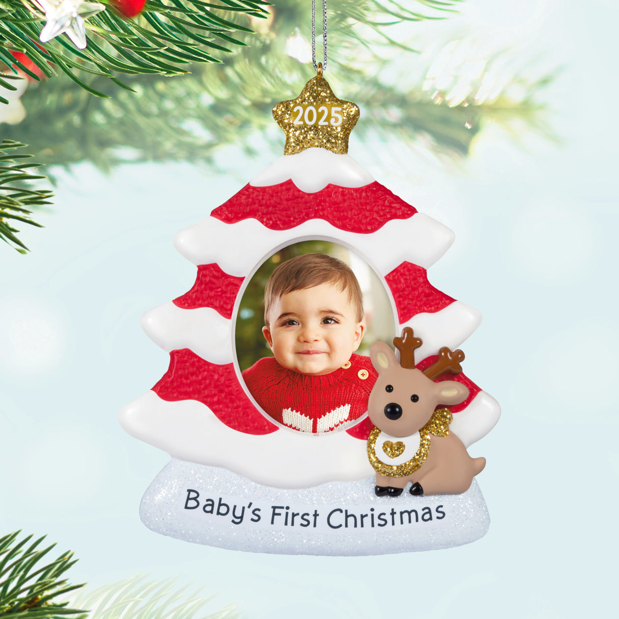 Hallmark Keepsake Christmas Ornament (Baby's First Christmas Red and White Tree 2025 Photo Frame)