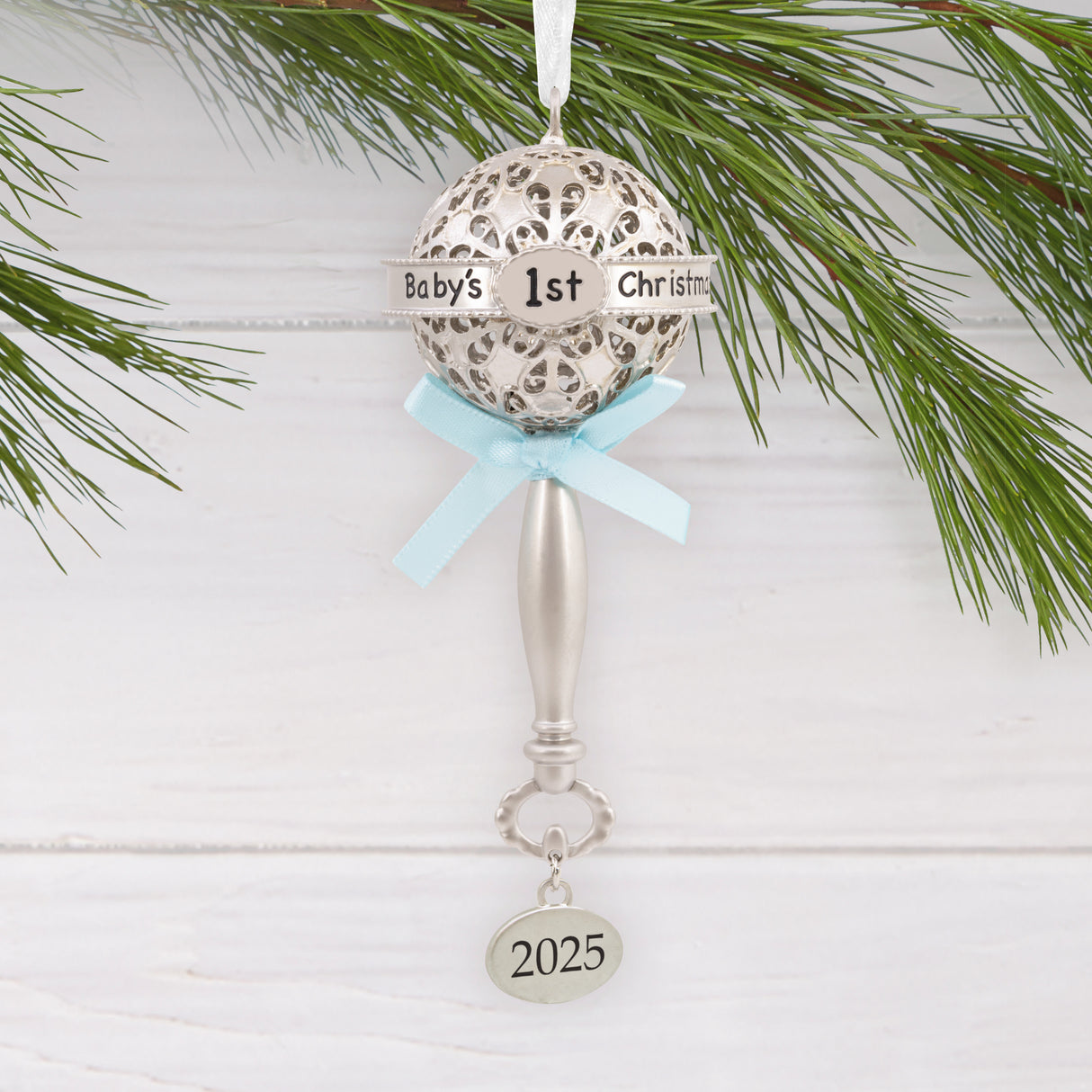 Hallmark Christmas Ornament (Baby's First Christmas Silver Rattle With Blue Ribbon 2025, Metal)