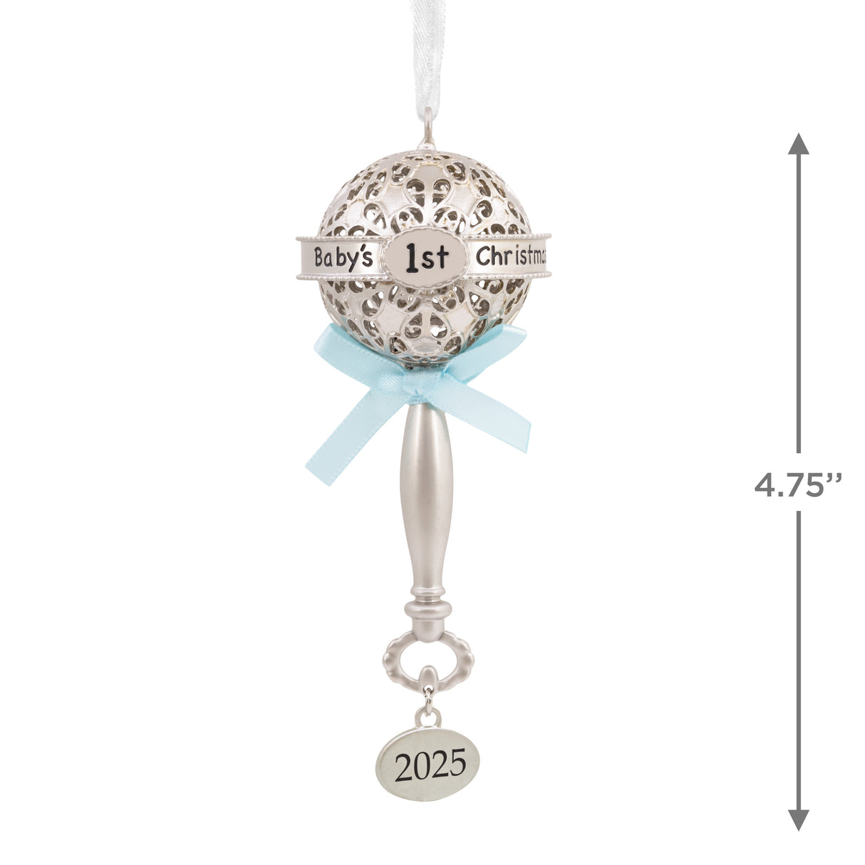 Hallmark Christmas Ornament (Baby's First Christmas Silver Rattle With Blue Ribbon 2025, Metal)