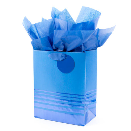 9" Medium Gift Bag with Tissue Paper (Blue Foil Stripes) for Birthdays, Weddings, Hanukkah, Christmas, Graduations, Father's Day and More