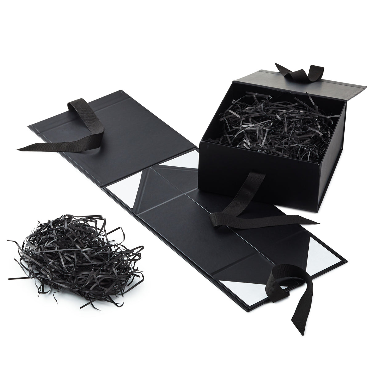 Hallmark Foldable Gift Box Bundle (2 Matching Boxes with Ribbon: Solid Black) for Weddings, Groomsmen Gifts, Engagements, Graduations