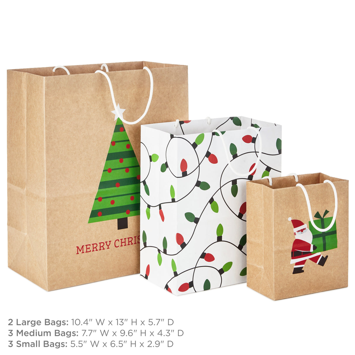 Sustainable Christmas Gift Bags for Kids (8 Bags: 3 Small 6", 3 Medium 9", 2 Large 13") Recyclable Kraft with Santa, Lights and Tree