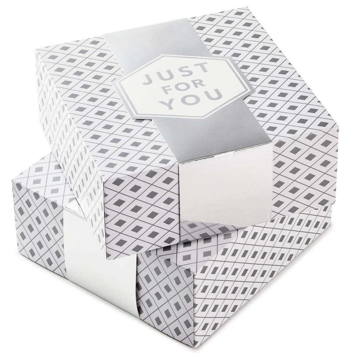 Hallmark 10" Large Gift Boxes with Wrap Bands (2-Pack: Silver and White, "Just For You") for Weddings, Graduations, Christmas, Valentine's Day, Birthdays