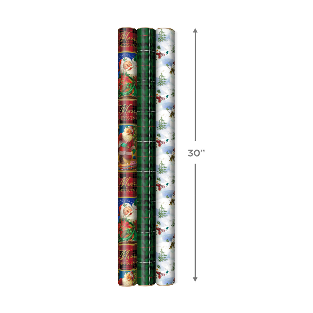 Reversible Christmas Wrapping Paper (3 Rolls: 120 sq. ft. ttl) Vintage Santa, Snowmen, Traditional Green, Red and White Plaids
