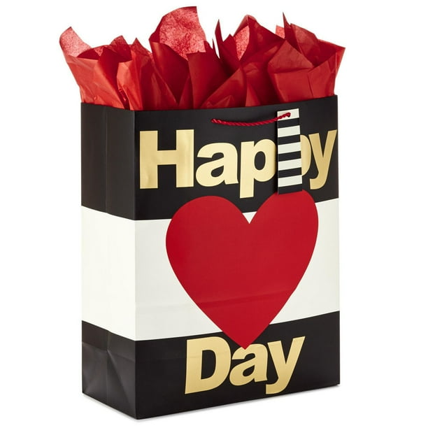 Hallmark 15" Extra Large Valentine's Day Gift Bag with Tissue Paper (Happy Heart Day) Black and White Stripes, Red Heart