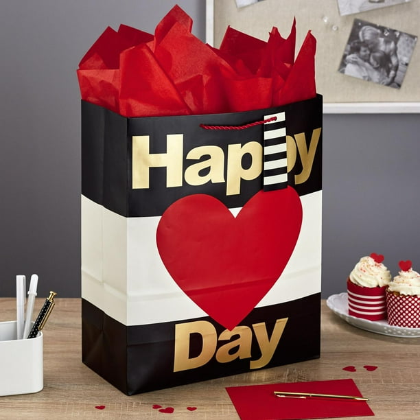 Hallmark 15" Extra Large Valentine's Day Gift Bag with Tissue Paper (Happy Heart Day) Black and White Stripes, Red Heart