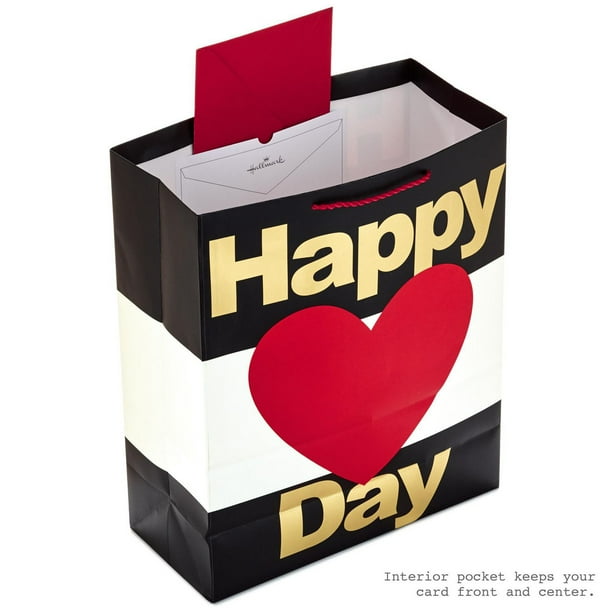 Hallmark 15" Extra Large Valentine's Day Gift Bag with Tissue Paper (Happy Heart Day) Black and White Stripes, Red Heart