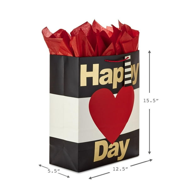 Hallmark 15" Extra Large Valentine's Day Gift Bag with Tissue Paper (Happy Heart Day) Black and White Stripes, Red Heart