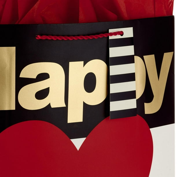 Hallmark 15" Extra Large Valentine's Day Gift Bag with Tissue Paper (Happy Heart Day) Black and White Stripes, Red Heart