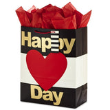 Hallmark 15" Extra Large Valentine's Day Gift Bag with Tissue Paper (Happy Heart Day) Black and White Stripes, Red Heart