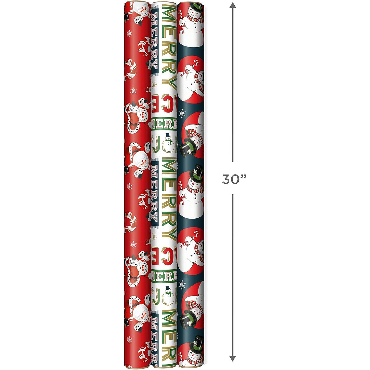 Hallmark Vintage Christmas Wrapping Paper Cut Lines on Reverse (3 Rolls: 120 sq. ft. ttl) Dancing Santas, Classic Snowman, "Merry, Jolly, Happy, Peace"