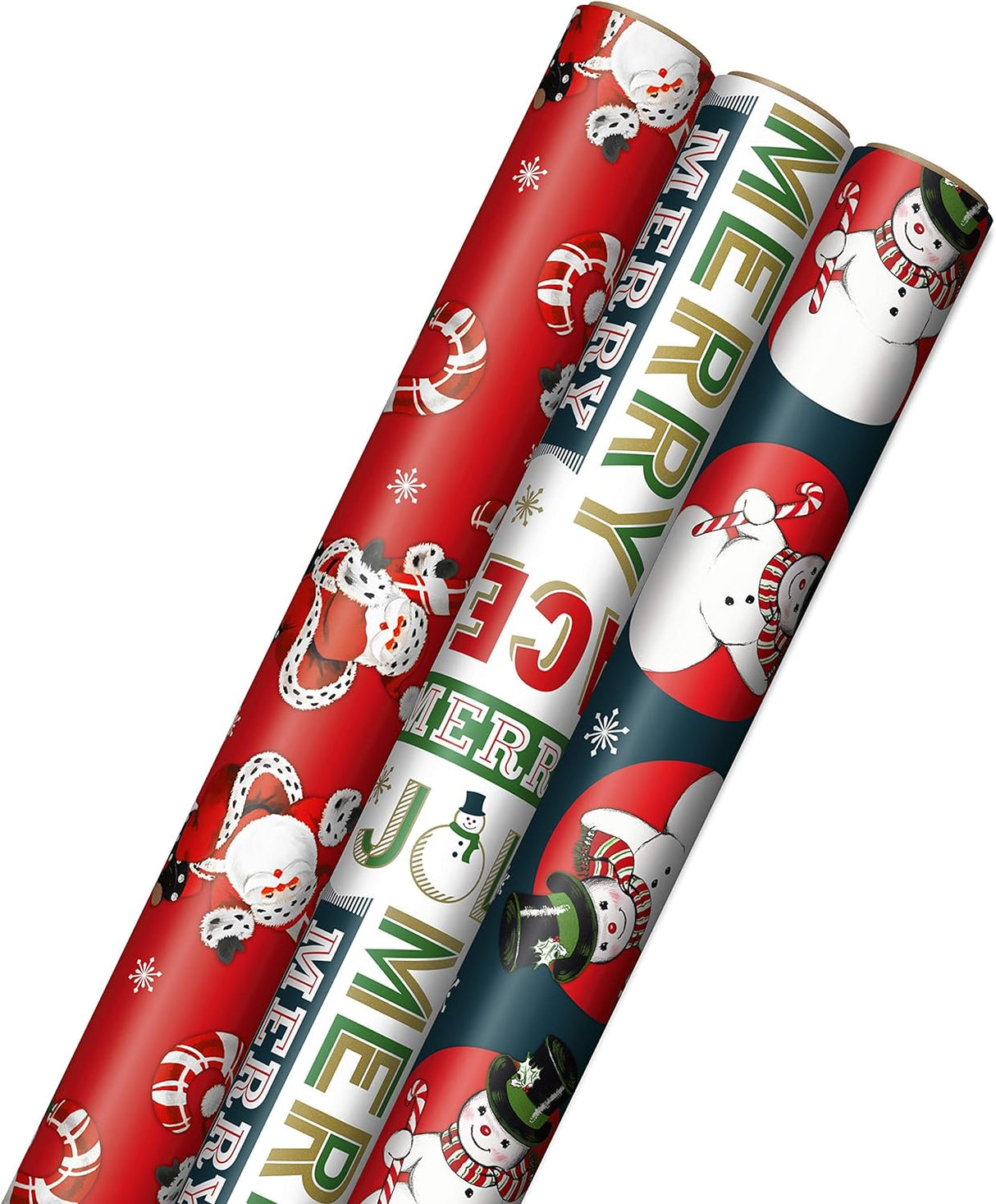 Hallmark Vintage Christmas Wrapping Paper Cut Lines on Reverse (3 Rolls: 120 sq. ft. ttl) Dancing Santas, Classic Snowman, "Merry, Jolly, Happy, Peace"