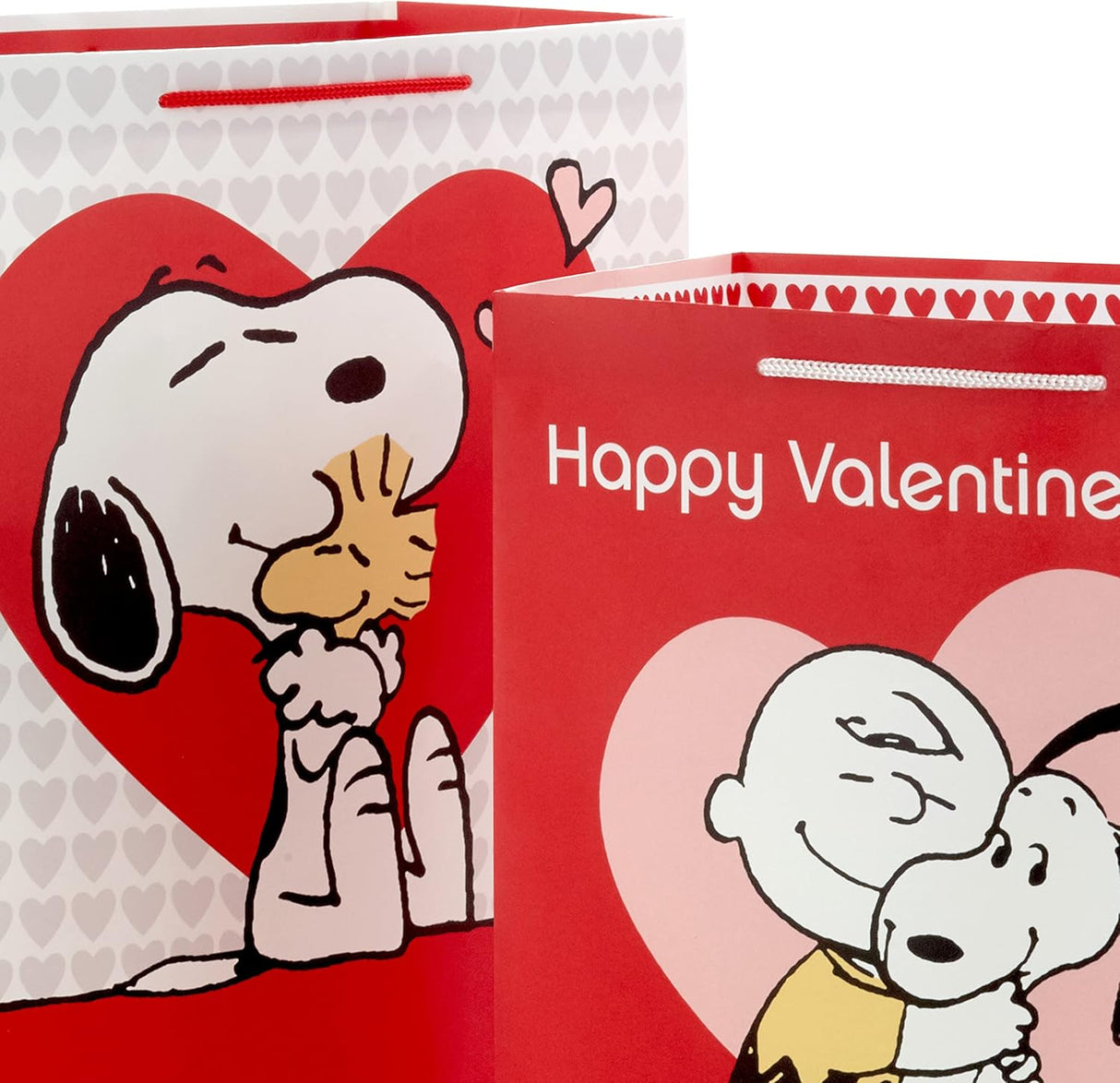 Hallmark Peanuts Valentine's Day Gift Bag Bundle (2 Bags: 1 Large 13", 1 Extra Large 15") with Charlie Brown, Snoopy, Woodstock