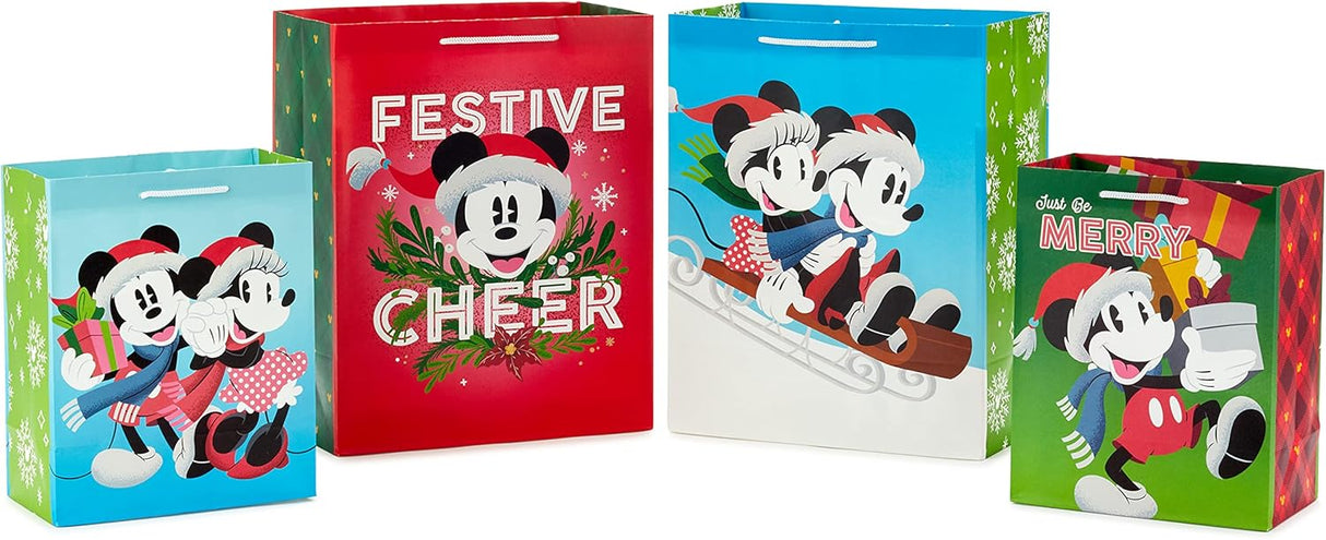 Hallmark Mickey and Minnie Christmas Gift Bags in Assorted Sizes (4 Bags: 2 Medium 9", 2 Large 13") for Kids, Grandchildren, Disney Fans and Collectors