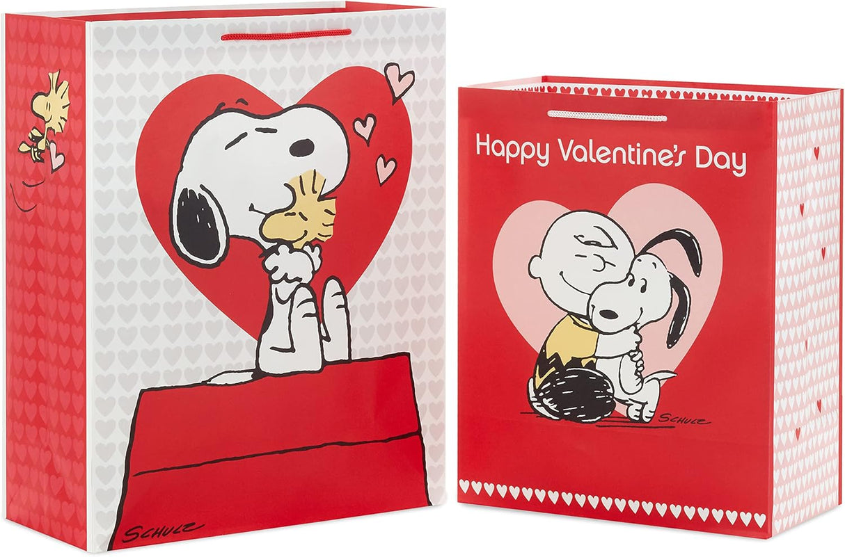 Hallmark Peanuts Valentine's Day Gift Bag Bundle (2 Bags: 1 Large 13", 1 Extra Large 15") with Charlie Brown, Snoopy, Woodstock