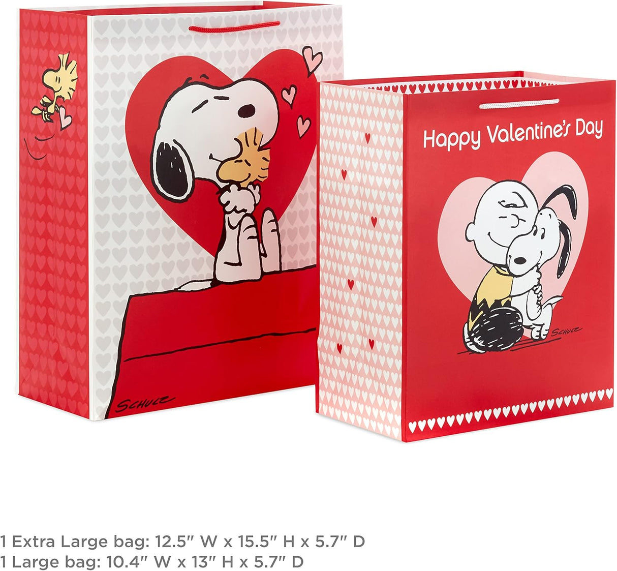 Hallmark Peanuts Valentine's Day Gift Bag Bundle (2 Bags: 1 Large 13", 1 Extra Large 15") with Charlie Brown, Snoopy, Woodstock