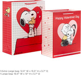 Hallmark Peanuts Valentine's Day Gift Bag Bundle (2 Bags: 1 Large 13", 1 Extra Large 15") with Charlie Brown, Snoopy, Woodstock