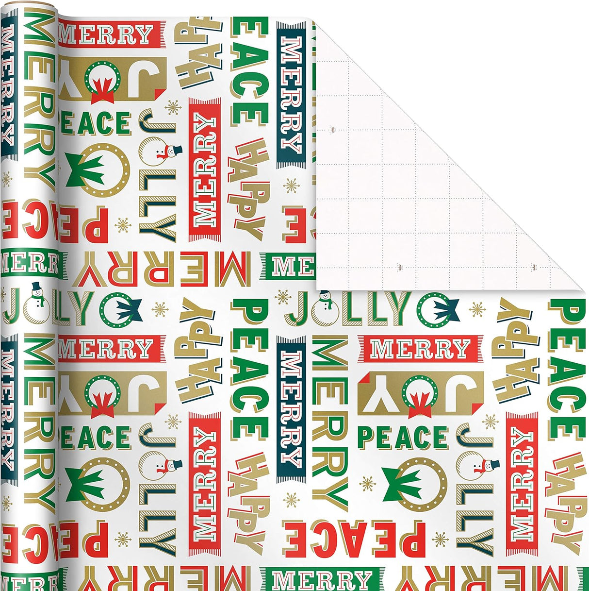 Hallmark Vintage Christmas Wrapping Paper Cut Lines on Reverse (3 Rolls: 120 sq. ft. ttl) Dancing Santas, Classic Snowman, "Merry, Jolly, Happy, Peace"