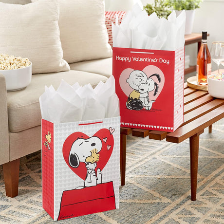 Hallmark Peanuts Valentine's Day Gift Bag Bundle (2 Bags: 1 Large 13", 1 Extra Large 15") with Charlie Brown, Snoopy, Woodstock