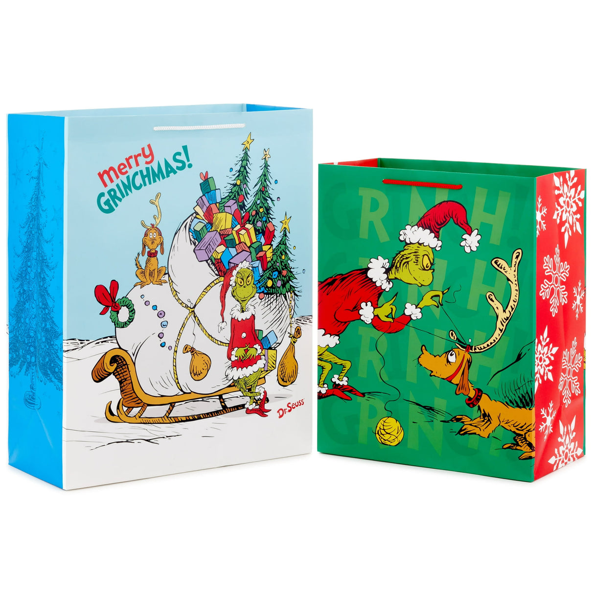 Hallmark Dr. Seuss Grinch Gift Bag Set for Kids (2 Bags: 1 Large 13", 1 Extra Large 15") The Grinch with Max and Sleigh