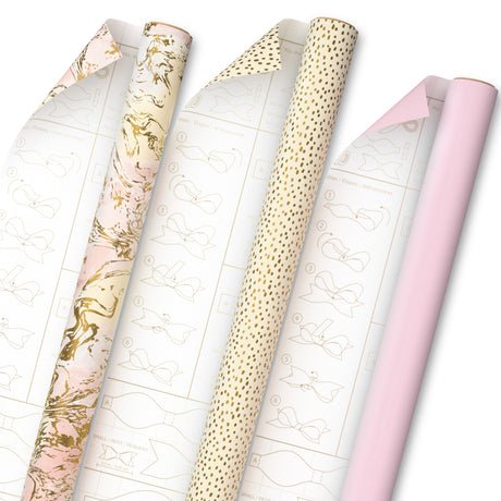 Hallmark Pink and Gold Wrapping Paper with DIY Bow Templates on Reverse (3-Pack: 75 sq. ft. ttl) for Birthdays, Weddings, Bridal Showers, Crafts