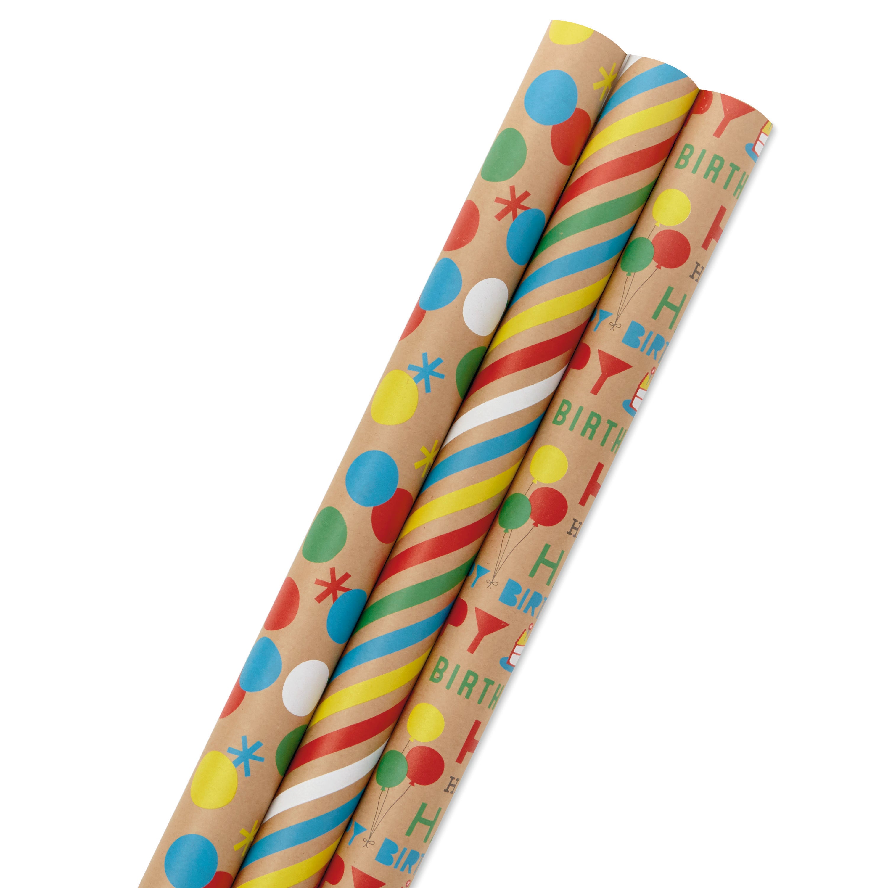 Hallmark All Occasion Kraft Wrapping Paper Bundle: Birthday, Stripes, Dots with Kraft on Reverse (3-Pack: 105 sq. ft. ttl.) for Valentines Day, Kids Parties, Crafts, DIY Decorations and More