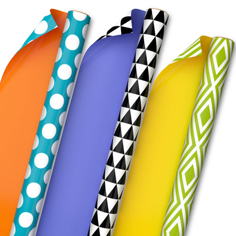 Hallmark All Occasion Reversible Wrapping Paper Bundle - Solids & Dots, Diamonds, Triangles (3 Rolls; 75 sq. ft. ttl) Yellow, Orange, Blue, Black and White