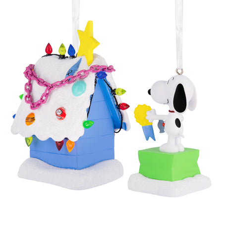 Peanuts Snoopy and Holiday Doghouse Christmas Ornaments, Set of 2