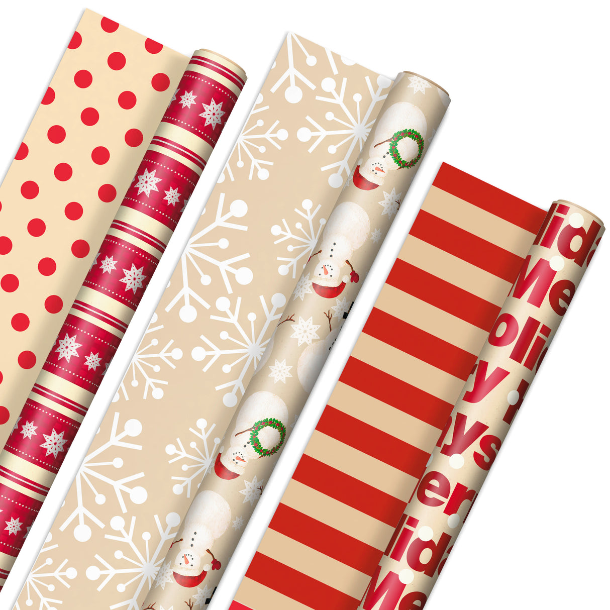 Reversible Christmas Wrapping Paper (3 Rolls: 120 sq. ft. ttl) "Merry Holidays," Snowflakes, Snowmen, Red Stripes