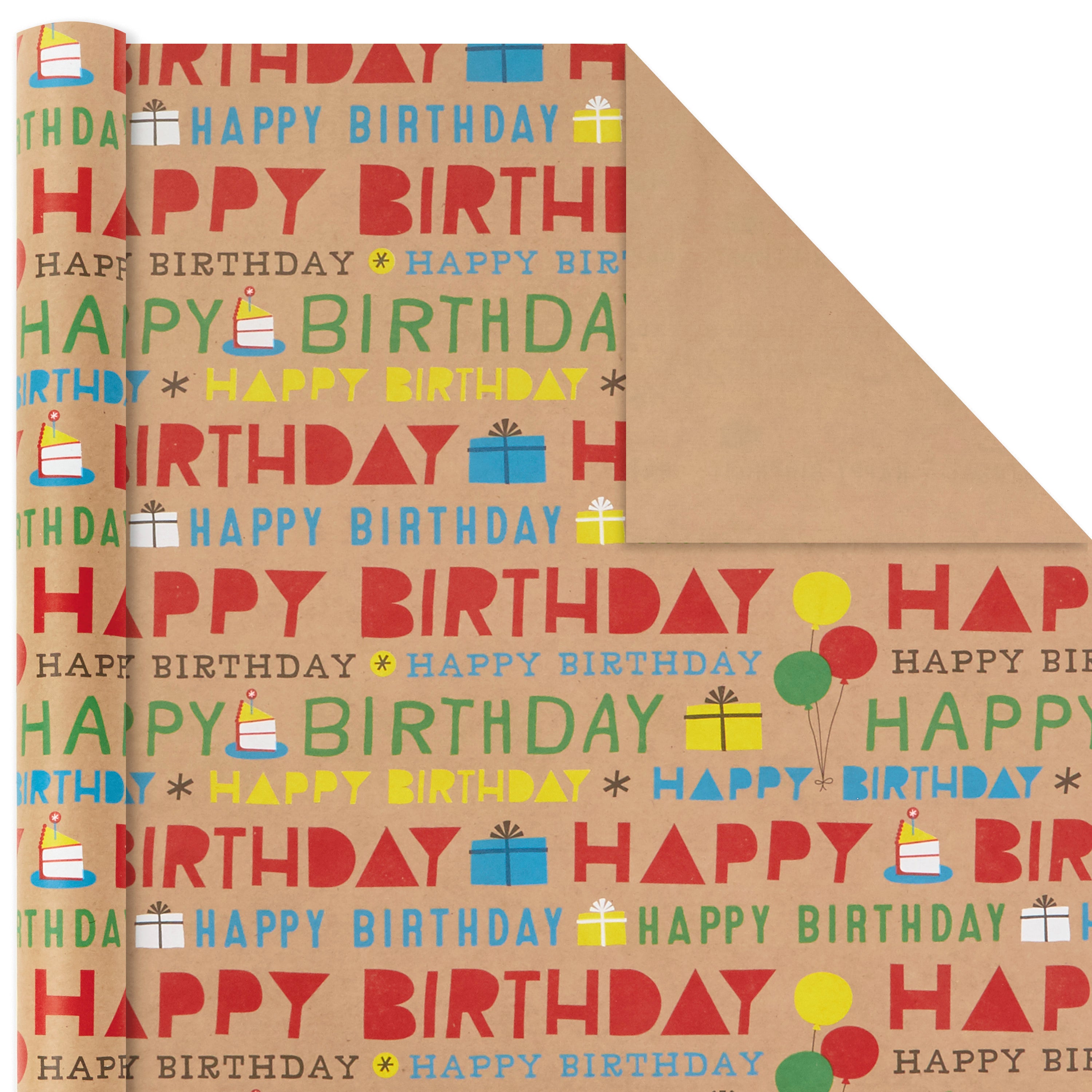 Hallmark All Occasion Kraft Wrapping Paper Bundle: Birthday, Stripes, Dots with Kraft on Reverse (3-Pack: 105 sq. ft. ttl.) for Valentines Day, Kids Parties, Crafts, DIY Decorations and More