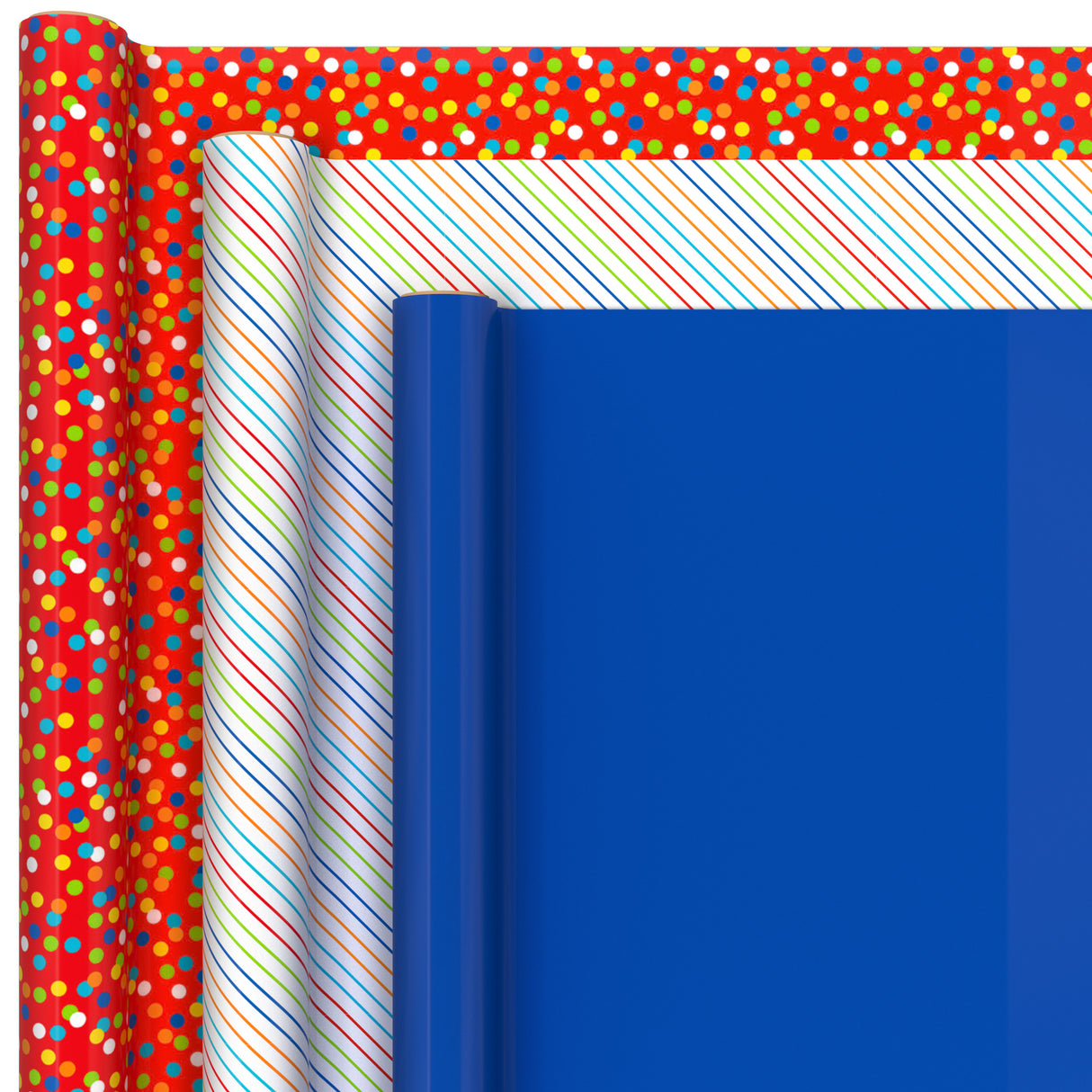 Hallmark Birthday Wrapping Paper with Templates for Handmade Bows on Reverse (3-Pack: 75 sq. ft. ttl) Royal Blue, Rainbow Stripes, Colorful Confetti