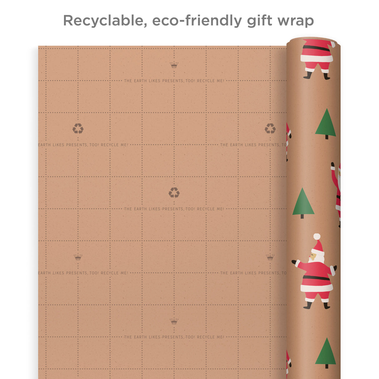 Hallmark Sustainable Christmas Wrapping Paper with Cut Lines on Reverse (3 Rolls: 90 sq. ft. ttl) Kraft with Santas, Trees, Stripes